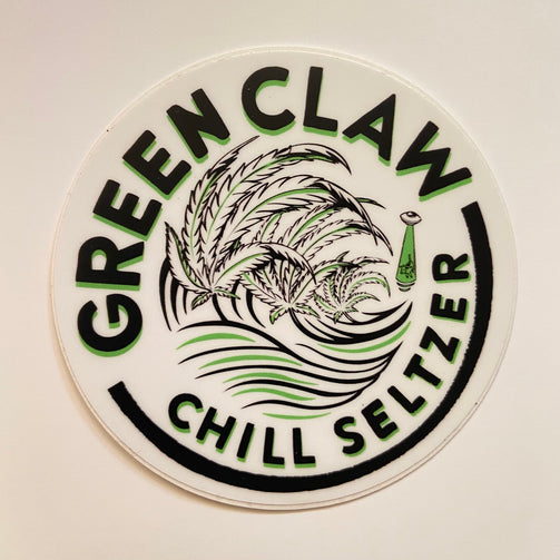 Circle sticker with arching words over the top reading “Green Claw” and arching under reading “Chill Seltzer” in the center is a rolling wave of cannabis leaves and a small UFO beaming up a cow to the right of the waves. Text and image are black with lime green text shadow.