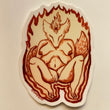 Art sticker of a humanoid wolf resting with eyes closed sitting with knees up and hands covering up the groin area, two sets of breasts exposed and the fluffy tail curled behind their back. On their forehead is a third-eye surrounded by fire that rises above the head. The drawing is all in red with a white/ cream background 