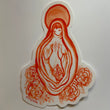 Art sticker of all red humanoid ambiguous figure with a veil and cloak with hands held up to the chest framing a radiating pattern from the heart. Some crystals are appearing out of the center footing of the cloak and the figure is surrounded by four roses at their feet. Above the head is a red circle halo