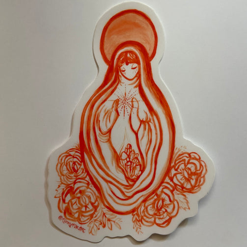 Art sticker of all red humanoid ambiguous figure with a veil and cloak with hands held up to the chest framing a radiating pattern from the heart. Some crystals are appearing out of the center footing of the cloak and the figure is surrounded by four roses at their feet. Above the head is a red circle halo