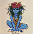 A blue elf-nymph creature with bug-like eyes, long lashes, and a silver septum nose ring. Ferns and other plants acting as hair falling down to their shoulders with an open pink hibiscus flower on the crown of the head. They are crouching on the ground playfully, hands and feet close together. They are wearing a long tan shirt dress and one crescent moon necklace and one blue eye glass “nazar” pendant.