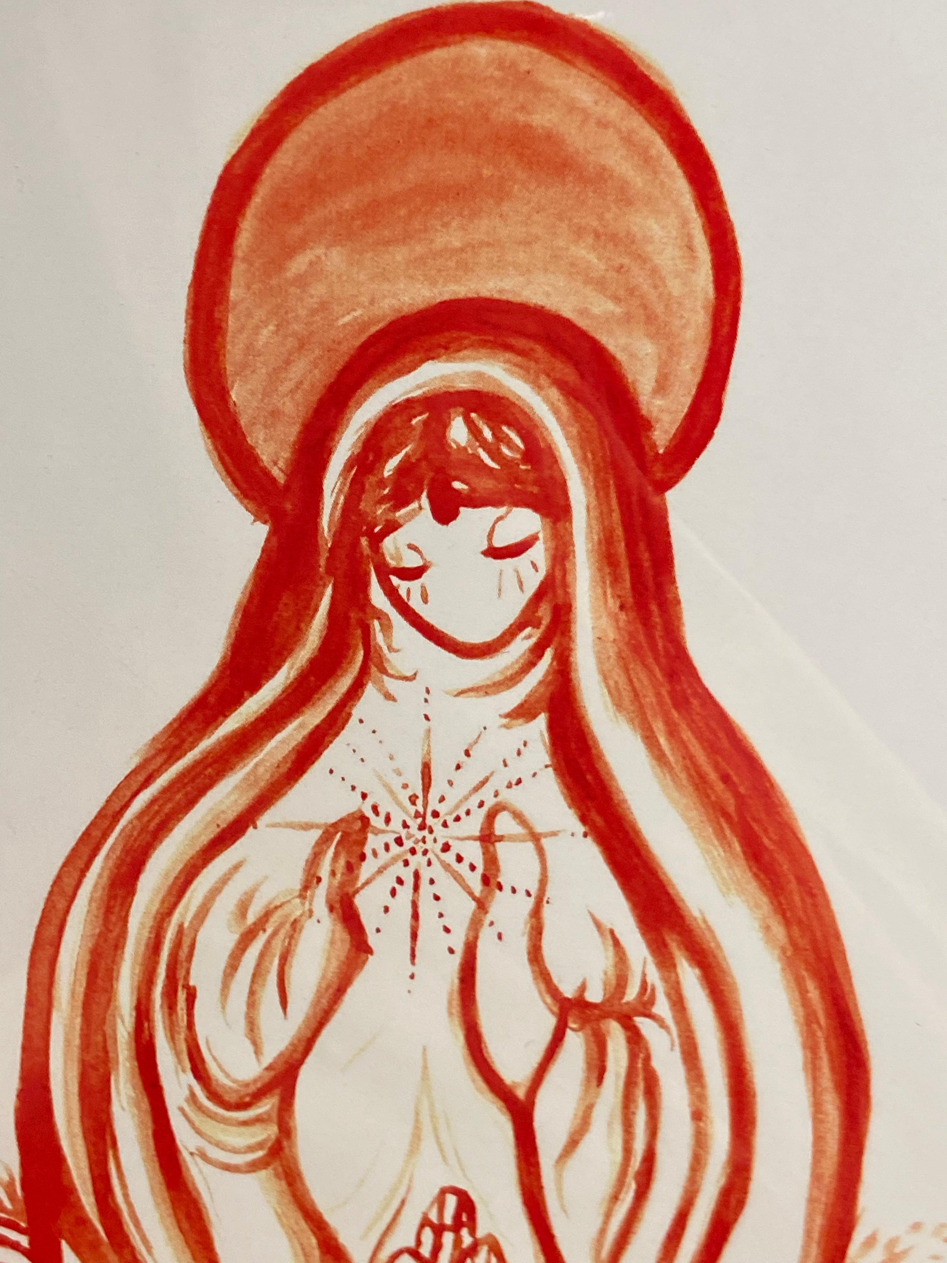 Close up detail shot. Red painting on white background. Veiled feminine figure with draping robes creating a vulva-like shape with the body. Hands held up to the chest like holding something with radiating dots spiraling from the figure’s heart. At the core of the body there is a cluster of quartz crystals appearing from the folds of the robes. The bottom of the figure is surrounded by red roses and the head of the figure has a red disc halo