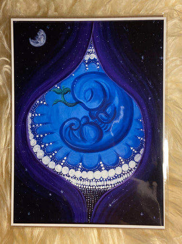 Space background with a crescent moon in the distance. In the middle of space an opening like pulling back curtains to reveal a radiating flower made of white dots and in the center, a blue curled up baby fetus-like being with a small sprout growing from its forehead.