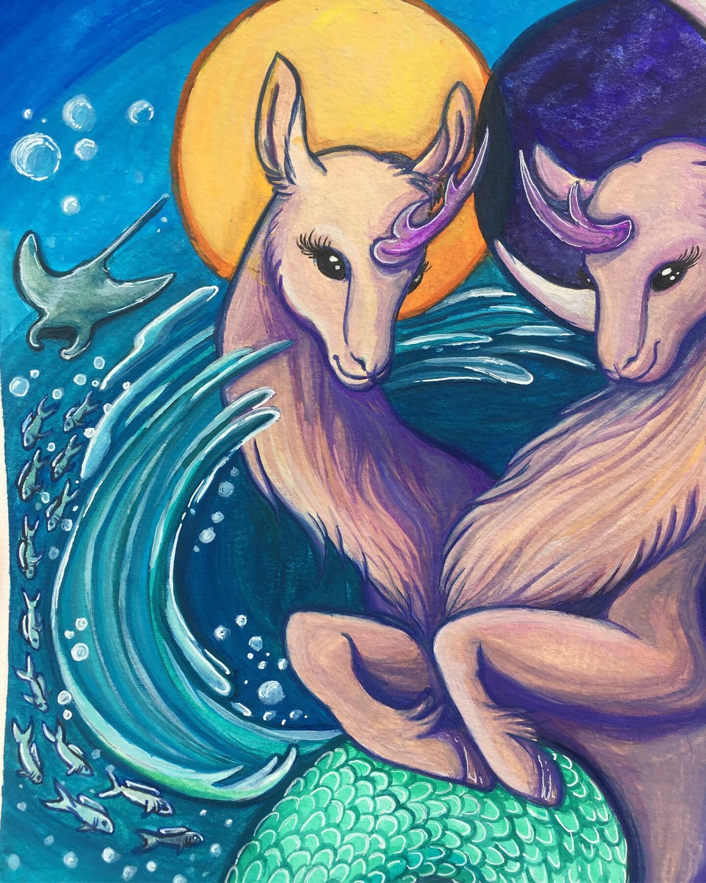 ORIGINAL 9x12in Gouache Painting “Capricorn Twins”