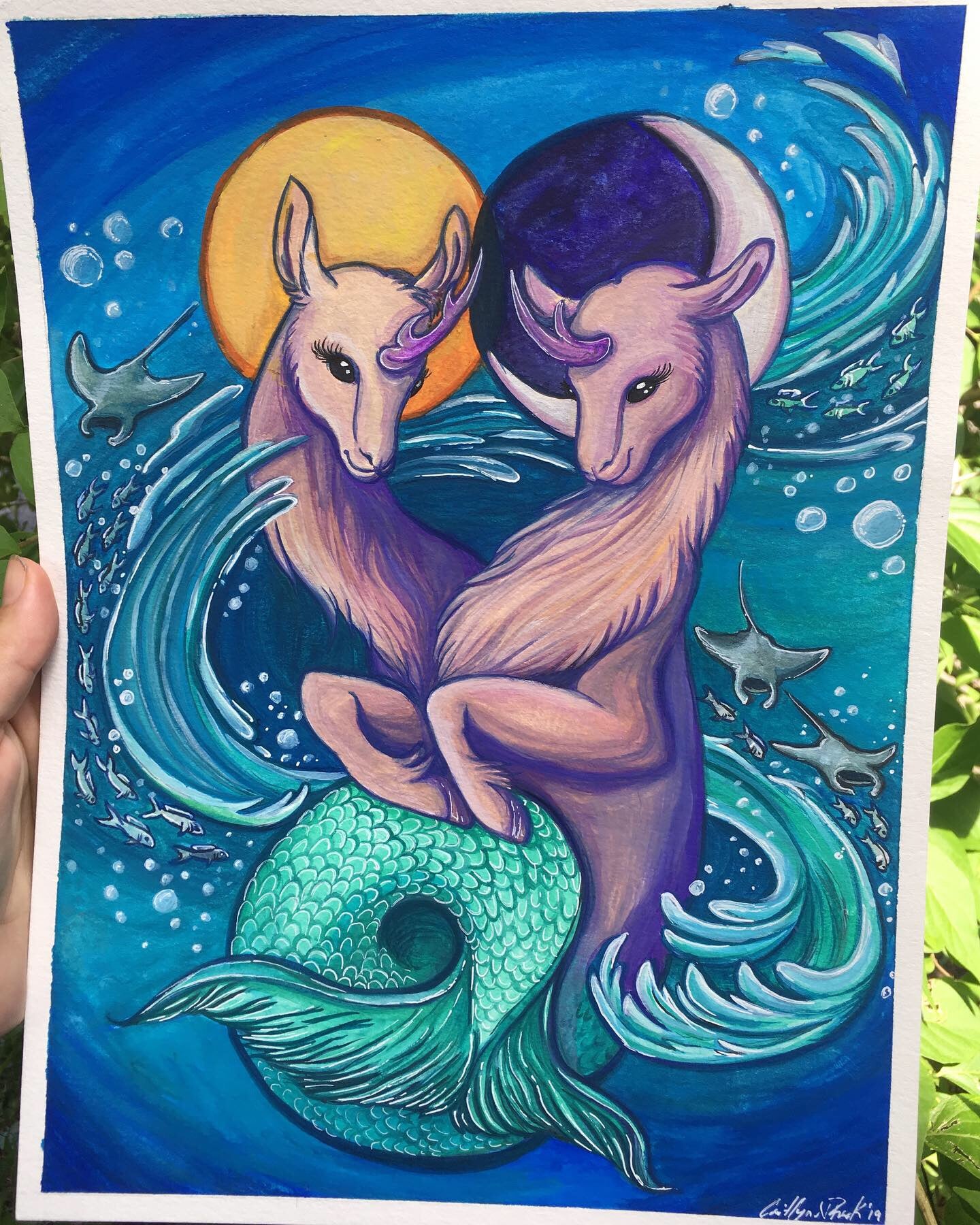 ORIGINAL 9x12in Gouache Painting “Capricorn Twins”