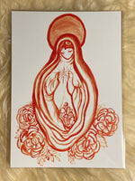 Load image into Gallery viewer, Red painting on white background. Veiled feminine figure with draping robes creating a vulva-like shape with the body. Hands held up to the chest like holding something with radiating dots spiraling from the figure’s heart. At the core of the body there is a cluster of quartz crystals appearing from the folds of the robes. The bottom of the figure is surrounded by red roses and the head of the figure has a red disc halo.
