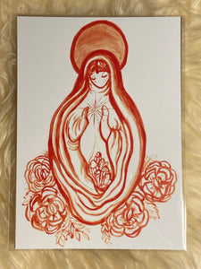Red painting on white background. Veiled feminine figure with draping robes creating a vulva-like shape with the body. Hands held up to the chest like holding something with radiating dots spiraling from the figure’s heart. At the core of the body there is a cluster of quartz crystals appearing from the folds of the robes. The bottom of the figure is surrounded by red roses and the head of the figure has a red disc halo.