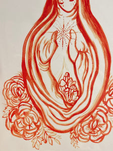 Close up detail shot. Red painting on white background. Veiled feminine figure with draping robes creating a vulva-like shape with the body. Hands held up to the chest like holding something with radiating dots spiraling from the figure’s heart. At the core of the body there is a cluster of quartz crystals appearing from the folds of the robes. The bottom of the figure is surrounded by red roses and the head of the figure has a red disc halo.